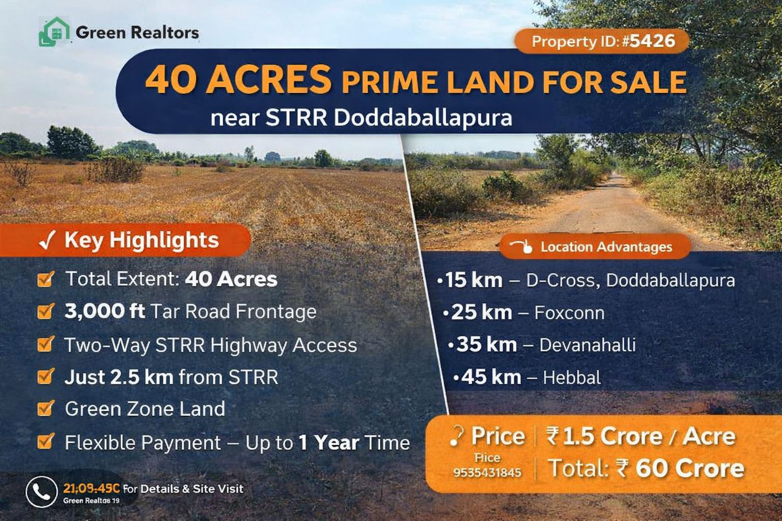 🆔 *PROPERTY ID – 5426* 🌿 *40 ACRES PRIME LAND FOR SALE near STRR Doddaballapura*